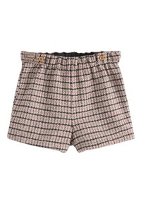 Tweed-Shorts in Rosa und Creme mit Karomuster. Verfügen über einen elastischen Bund und zwei Holzknöpfe zum Verschließen.