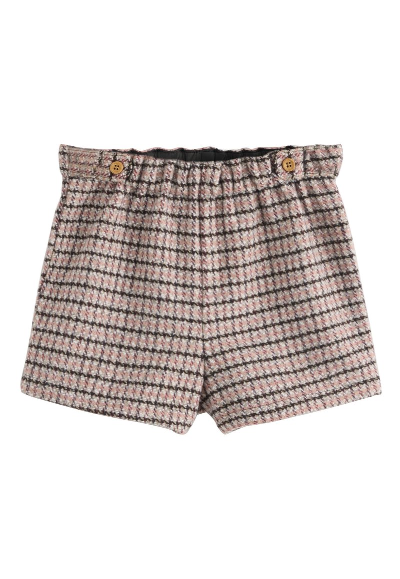 Tweed-Shorts in Rosa und Creme mit Karomuster. Verfügen über einen elastischen Bund und zwei Holzknöpfe zum Verschließen.
