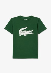 T-shirt en coton vert avec un grand graphisme de crocodile blanc à l'avant, avec un col rond et des manches courtes.