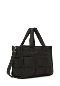 Borsa tote nera trapuntata con texture imbottita, doppio manico corto, tracolla regolabile, forma quadrata e cuciture a contrasto.
