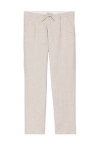 Beige linbyxor med dragsko i midjan, två sidofickor, raka ben och subtil textur. Avspänt design som passar för varmt väder.