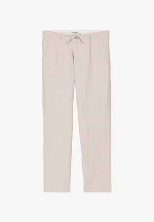 Beige linnen broek met een trekkoord in de taille, twee zijzakken, rechte pijpen en subtiele textuur. Casual ontwerp geschikt voor warm weer.