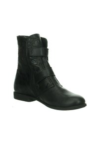Schwarze Stiefelette aus strukturiertem Leder, mit zwei verstellbaren Riemen und einem seitlichen Reißverschluss. Flacher, niedriger Absatz, abgerundete Zehenform und glatte Oberfläche.