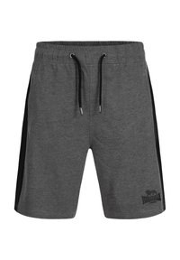 Grijze katoen shorts met zwarte zijpanelen. Elastische tailleband met verstelbaar trekkoord. Beschikt over een logo in de rechtsonderhoek.