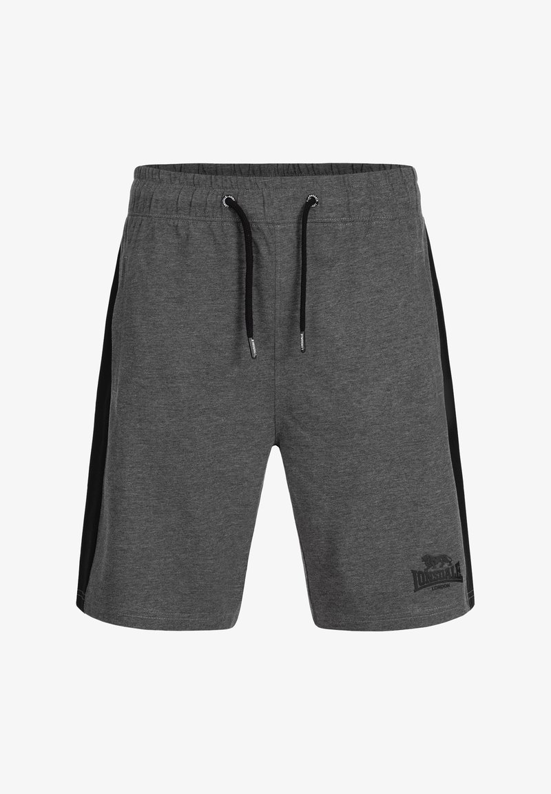 Pelēki kokvilnas šorti ar melniem sānu paneļiem. Elastīgs jostasvīrs ar regulējamu saites auklu. Satur logo apakšējā labajā stūrī.