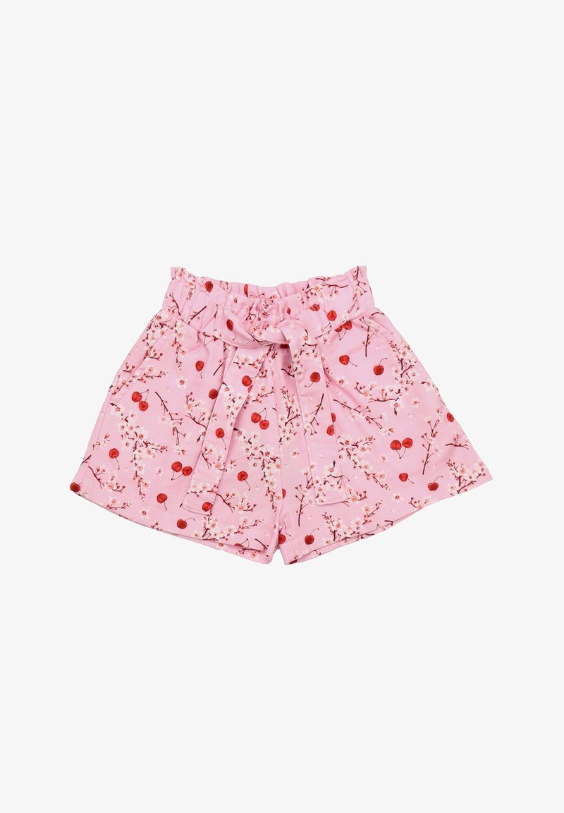 Pink shorts with a floral pattern featuring cherry blossoms and red cherries. Elastic waistband with a tie detail at the front.