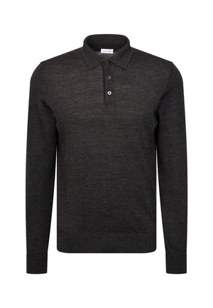 Dunkelgrauer Langarmstrick-Polo-Pullover mit einer Knopfleiste mit drei Knöpfen sowie gerippten Bündchen und Saum, vor einem weißen Hintergrund präsentiert.