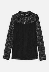 Top in pizzo nero con maniche lunghe, colletto alto, motivo floreale e dettaglio a chiave sul retro. Il tessuto è trasparente con una finitura testurizzata.