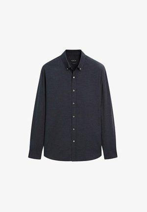 Donkerblauwe langdossige overhemd met knoopsluiting, gemaakt van gestructureerde stof, met een klassieke kraag en vijf knopen aan de voorkant. Verfraaid met een gebogen zoom.