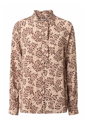 Long-sleeve blouse in soft fabric with a ruffled collar, featuring a pink and brown leaf pattern on a beige background, button front closure.