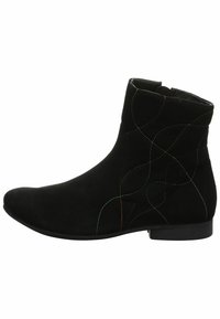 Botas de tobillo de ante negro con patrones de bordado coloridos, punta redondeada y tacón bajo. Presentan una textura suave y un diseño ajustado.