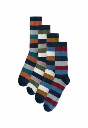 Pruhované bavlnené ponožky v štyroch pároch, ktoré majú rôzne farby: námornícka, tyrkysová, hrdzavá, zelená, sivá a krémová, s rebrovanými manžetami a kontrastnými špičkami.