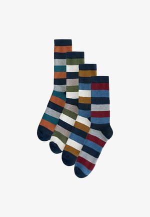 Gestreifte Baumwollsocken in vier Paaren mit verschiedenen Farben: Marineblau, Türkis, Rost, Grün, Grau und Creme, mit gerippten Bündchen und kontrastierenden Zehen.