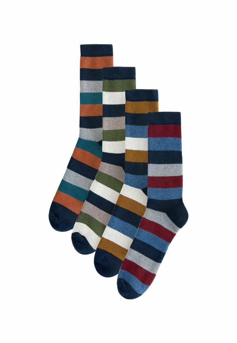 Stribede bomuldsokker i fire par, med varierede farver: navy, teal, rust, grøn, grå og creme, med ribbede kanter og kontrasterende tåer.