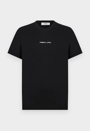 Mustat puuvillapaidat, joissa on lyhyet hihat ja pyöreä kaula-aukko, ja joissa on valkoinen "REPLAY" -logo keskellä rintaa.