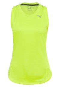 Neon gula träningslinnen med rundad halsringning, ärmlös design, texturerad tyg och en liten grå logotyp på bröstet.