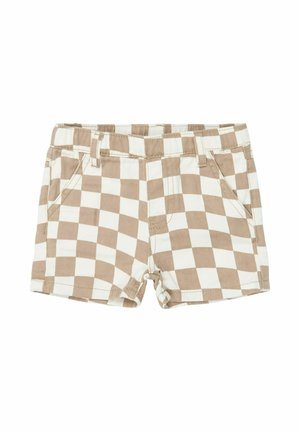 Beige-weiße karierte Shorts mit Fronttaschen, Gürtelschlaufen und Knopfleiste.