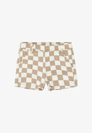 Bézs-fehér kockás rövidnadrág első zsebekkel, övbújtatókkal és gombos sliccel.