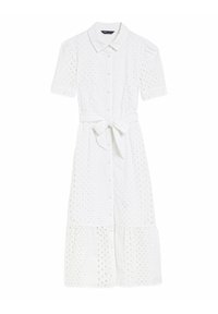 Biała sukienka do kolan, z krótkimi rękawami, kołnierzykiem, zapięciem na guziki z przodu, z materiału w oczka i wiązanym w pasie kokardą.