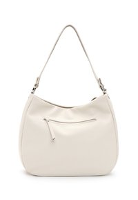 Hobo-Tasche aus strukturiertem weißen Leder. Verfügt über eine geschwungene Form, einen oberen Griff und eine Reißverschluss-Vordertasche mit einem Ziehband.