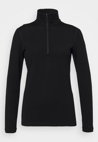 Czarny sweter z długim rękawem, z wysokim kołnierzem i częściowym zapięciem na zamek z przodu. Wykonany z miękkiego materiału, charakteryzuje się dopasowanym krojem i brakiem widocznych wzorów.