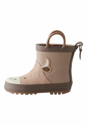 Brauner Gummiregenstiefel für Kinder mit Tiergesicht und Ohren, einer Zugschlaufe und einer strukturierten Sohle für den Außeneinsatz.