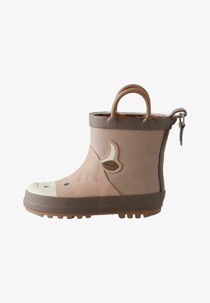 Bruine rubberen regenlaars voor kinderen met dierengezicht en oor-details, een treklus en een geribbelde zool voor gebruik buitenshuis.