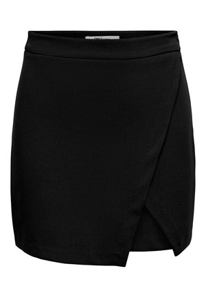 Sort asymmetrisk mininederdel med omlægning, med en lige linning, glat tekstur og let overlap på forsiden til højre.