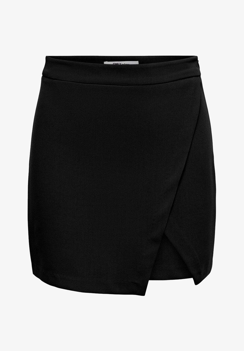 Mini-jupe portefeuille asymétrique noire avec une ceinture droite, une texture lisse, et un léger chevauchement sur le côté avant droit.