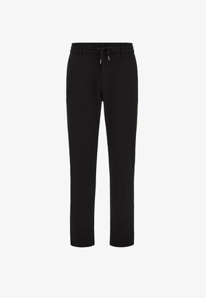 Crne trenirka hlače s podesivim pojasom na vezanje, suženim nogavicama i glatkom, mekanom teksturom. Imaju minimalistički dizajn bez uzoraka ili naglasaka.