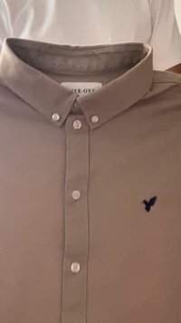 Brūna pogu krekls, izgatavots no gludas auduma ar punktētu apkakli, kuram krūtīs ir neliels jūras zilās krāsas putnu logos. Redzami seši baltie pogas.