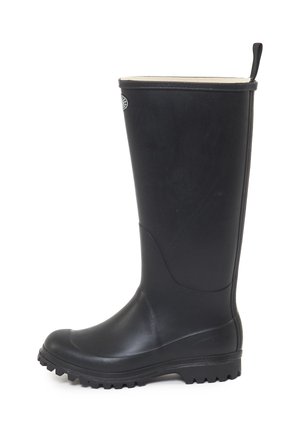 Stivale in gomma nera alto fino al ginocchio con suola testurizzata e finitura liscia. Presenta un tassello di trazione nella parte superiore e un design rinforzato per la durata.