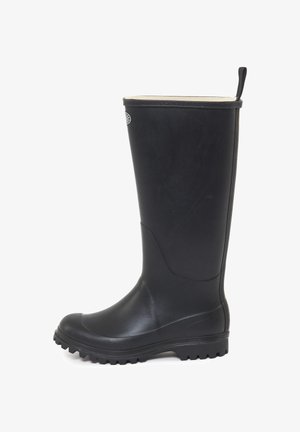 Stivale in gomma nera alto fino al ginocchio con suola testurizzata e finitura liscia. Presenta un tassello di trazione nella parte superiore e un design rinforzato per la durata.