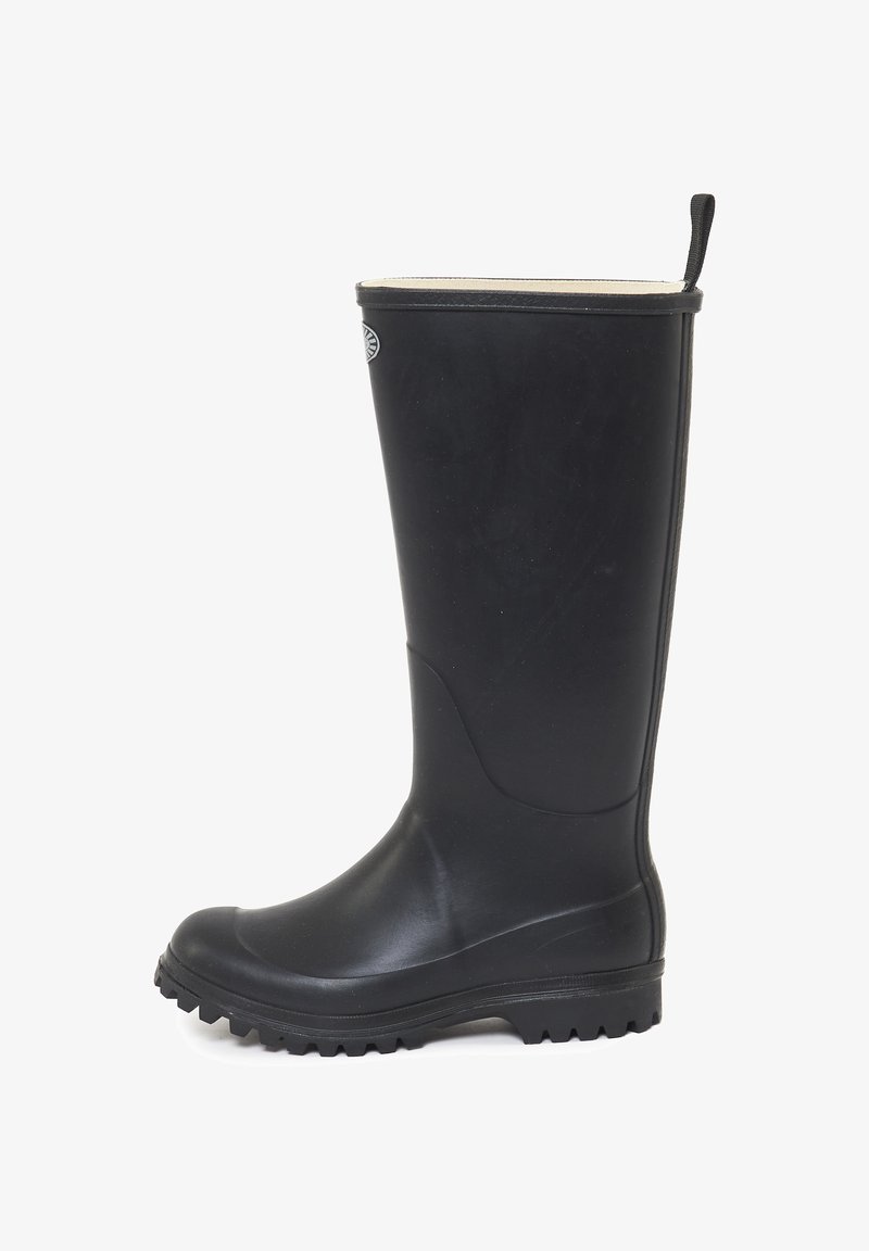 Black rubber knee-high boot with textured sole and a smooth finish. Features a pull tab at the top and a reinforced design for durability.