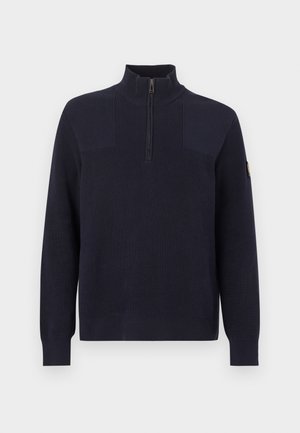 Navy blue sweater with a high collar and half zipper. Features ribbed texture on the body and smooth sleeves. Includes shoulder panels.