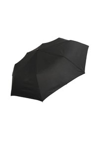 Schwarzer Regenschirm mit runder Dachform, acht Streben und glatter Stoffbeschaffenheit. Kompaktes Design mit einem Knopföffnungsmechanismus.