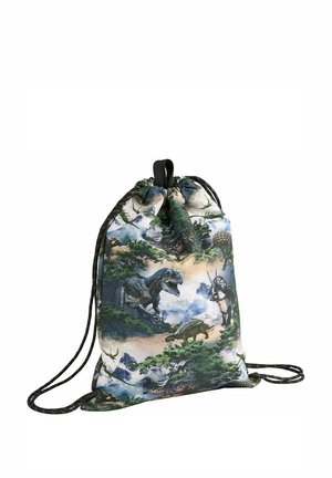 Snøresæk med dinosaurillustrationer, herunder T-Rex og triceratops blandt træer og bjerge i en naturlig forhistorisk setting.