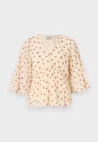 Blusa de crema con mangas cortas y plisadas, con escote en forma de V y un patrón floral en tonos de rosa y rojo. Tejido ligero.