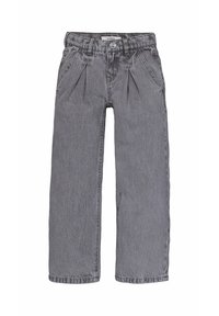 Pantaloni larghi plissettati grigi con vita alta, realizzati in denim, dotati di chiusura a bottone e passanti per cintura. Leggera texture su tutta la superficie.