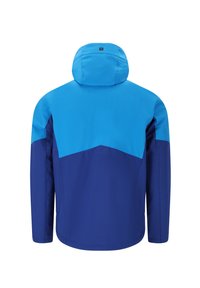 Blå vattentät jacka med tvåfärgad design; ljusblå övre sektion och mörkblå nedre sektion, med huva och långa ärmar.