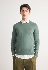 Green knitted pullover sweater with a crew neck, ribbed cuffs, and hem. Features a small red logo patch on the chest. Worn over a collared shirt.