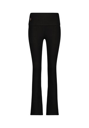 Schwarze Schlagleggings mit breitem Bund, aus dehnbarem Stoff gefertigt, mit glatter Textur und minimalistischem Design.