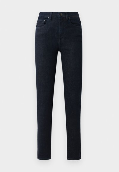 Dunkelblaue Jeans aus Denim mit geradem Schnitt, ausgestattet mit einem Knopfverschluss, fünf Taschen und dezenten Stickdetails.