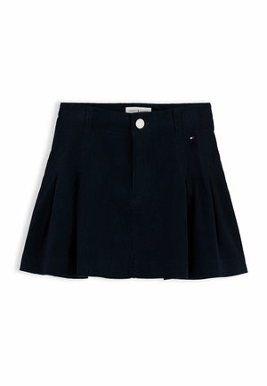 Mini gonna plissettata blu scuro con bottone frontale e piccolo logo Tommy Hilfiger sul lato destro vicino alla vita.