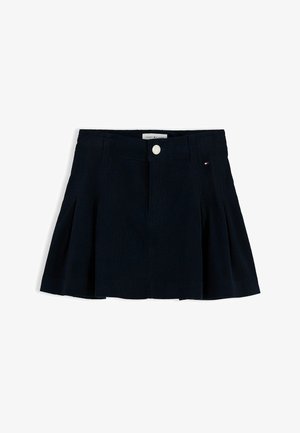 Mørkeblå plisseret mini nederdel med forreste knap og lille Tommy Hilfiger-logo på højre side nær linningen.