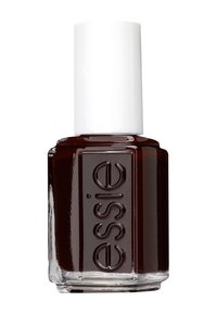 Smalto per unghie rosso scuro in una bottiglia quadrata di vetro con un tappo bianco. Il nome del marchio "essie" è impresso sul davanti.