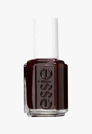 Smalto per unghie rosso scuro in una bottiglia quadrata di vetro con un tappo bianco. Il nome del marchio "essie" è impresso sul davanti.