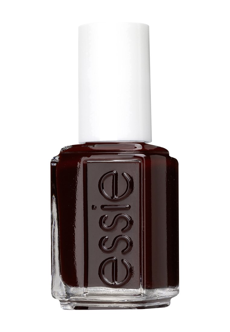 Smalto per unghie rosso scuro in una bottiglia quadrata di vetro con un tappo bianco. Il nome del marchio "essie" è impresso sul davanti.