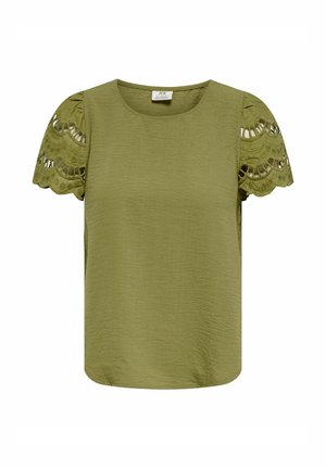 Blouse vert olive avec col rond et manches courtes en dentelle présentant des bords festonnés et des motifs découpés brodés.