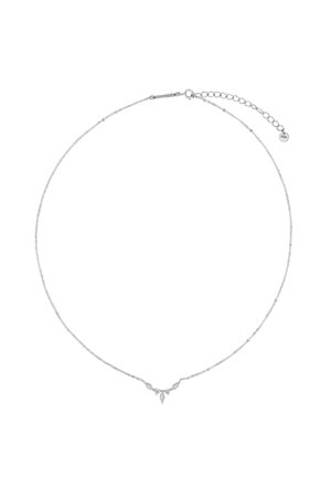 Delicado collar de cadena de plata con pequeños colgantes en forma de gota y cierre ajustable con eslabones extensibles.